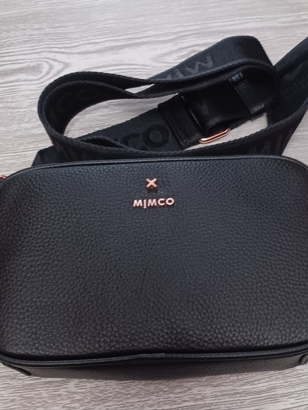 Mimco Black Pebbled Camera Bag with Rose Gold Accents